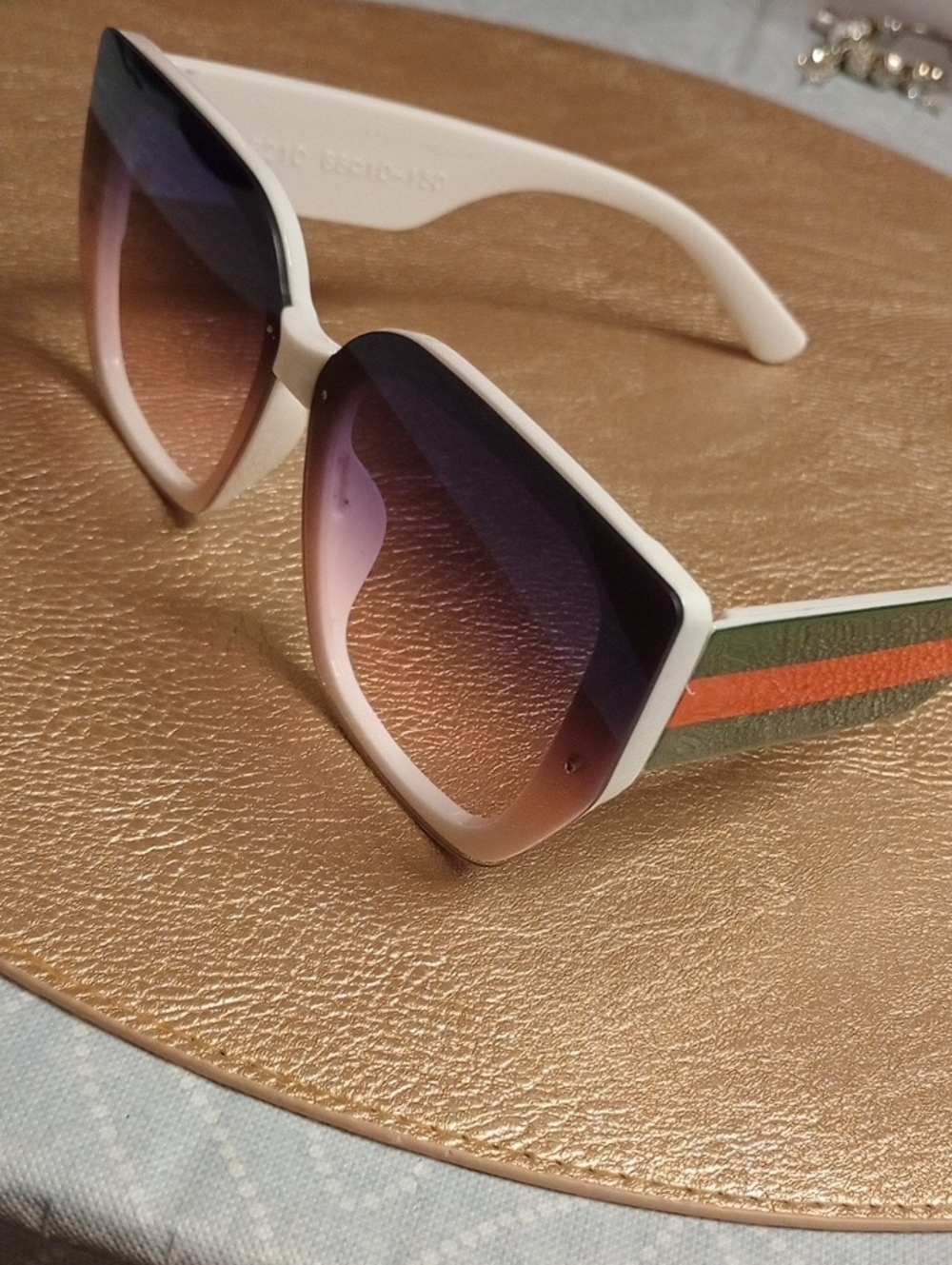 Women's White Frame Sunglasses with Purple , Pink Tint. Green, Red Stripe Lenses
